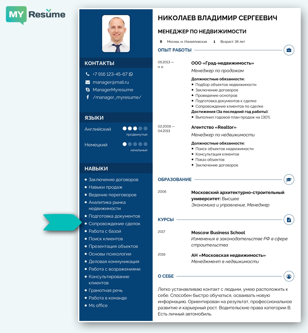 шаблон резюме навыки - примеры навыков менеджера по недвижимости