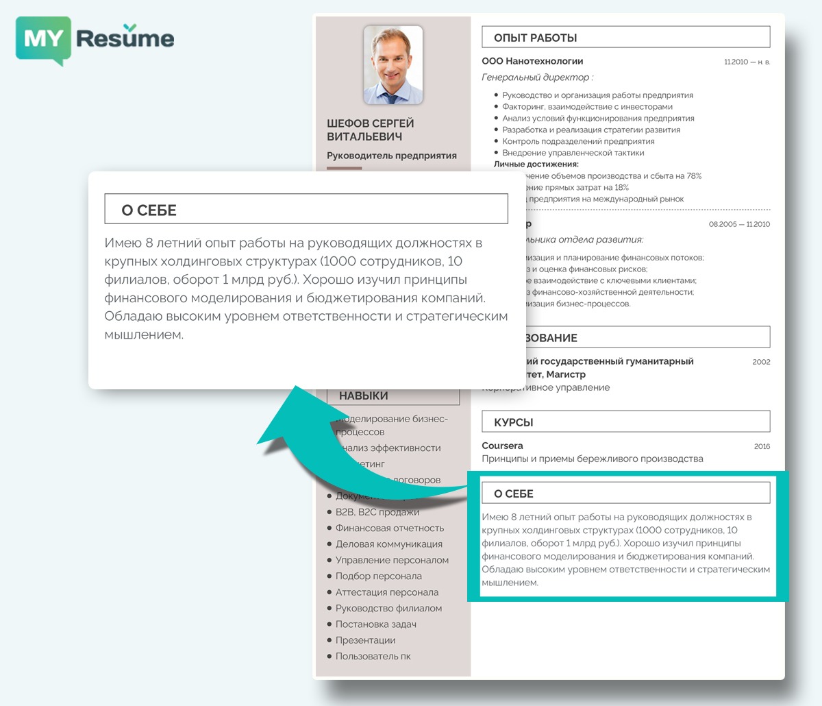 шаблон резюме как заполнять блок о себе, пример резюме руководитель предприятия