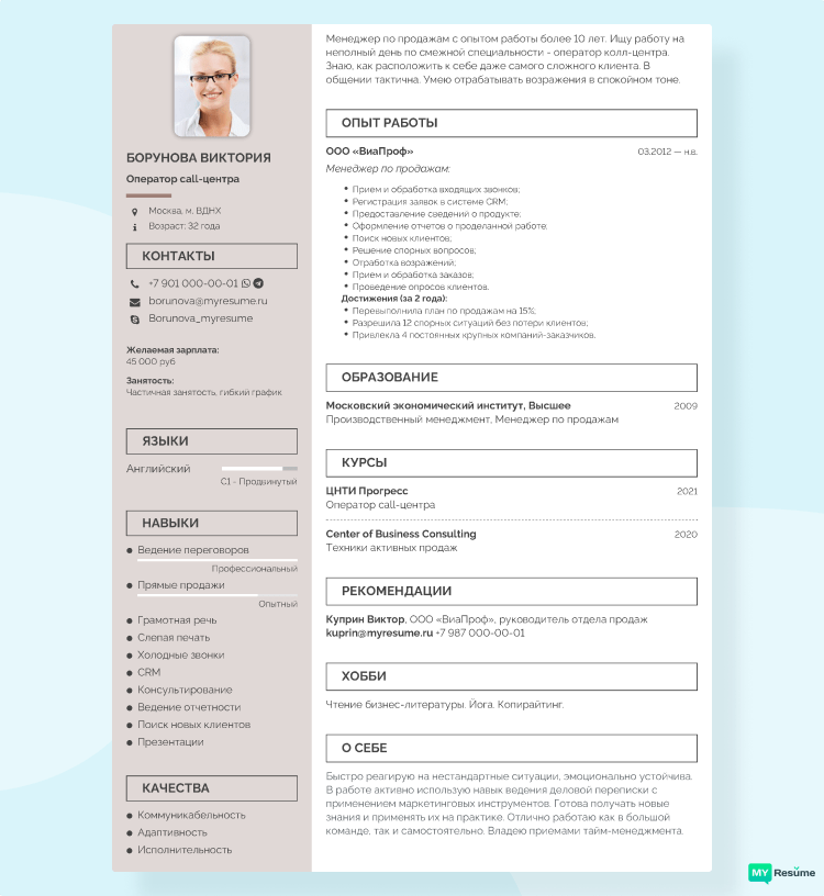 резюме на подработку образец