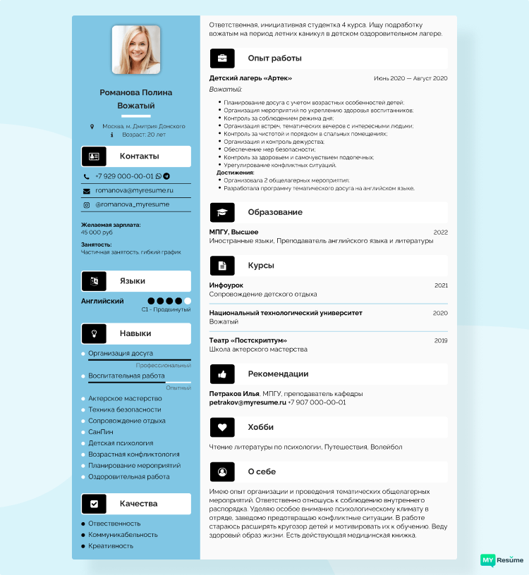 резюме на подработку примеры готовые