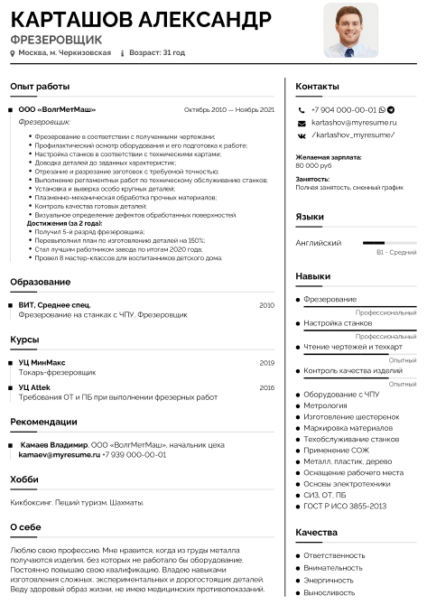 резюме фрезеровщика образец