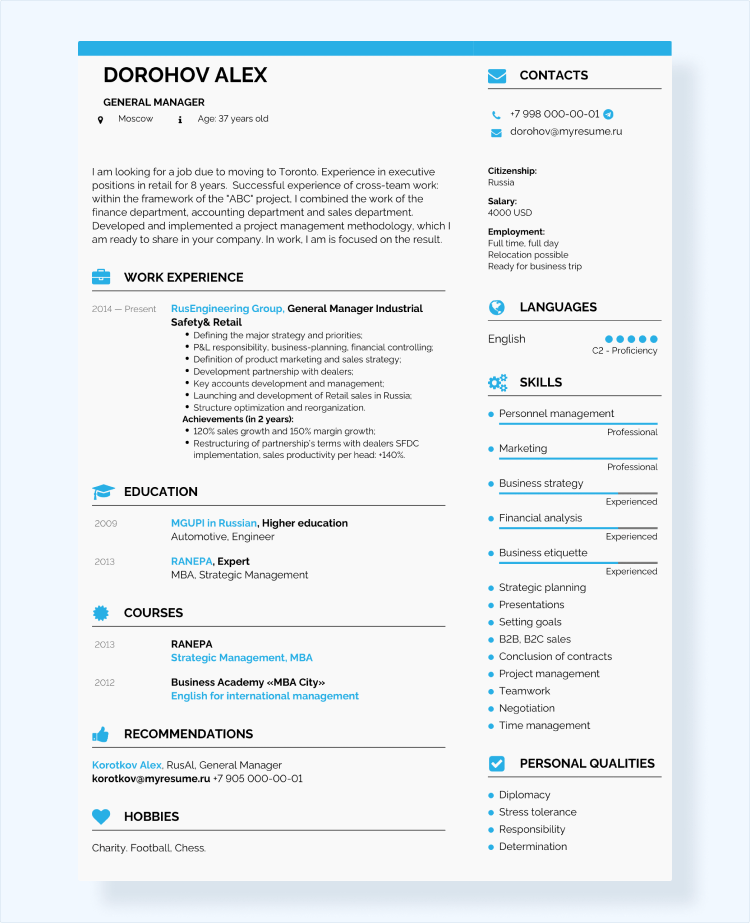 резюме на английском языке шаблон с переводом