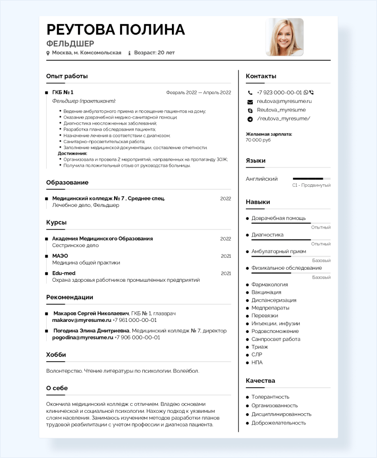 резюме образец выпускник