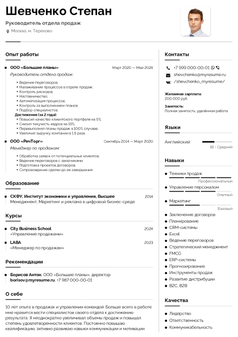 образец резюме руководителя отдела продаж