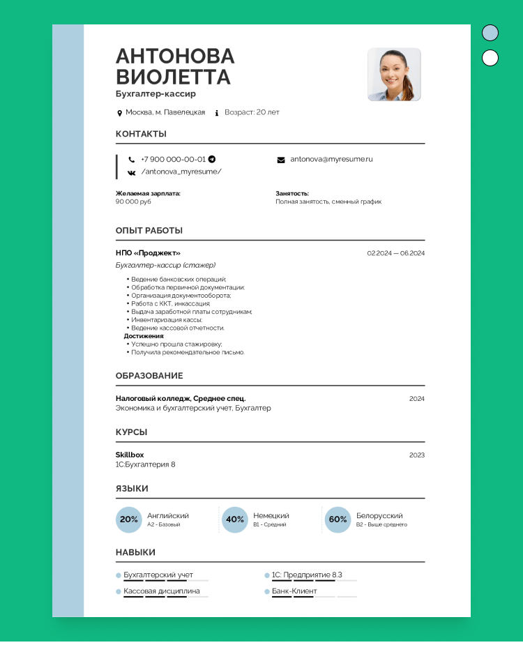 образец резюме для трудоустройства