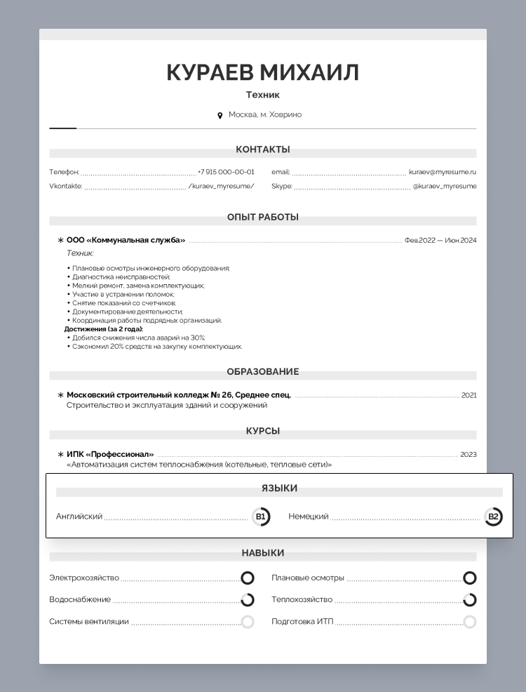 резюме техника пример