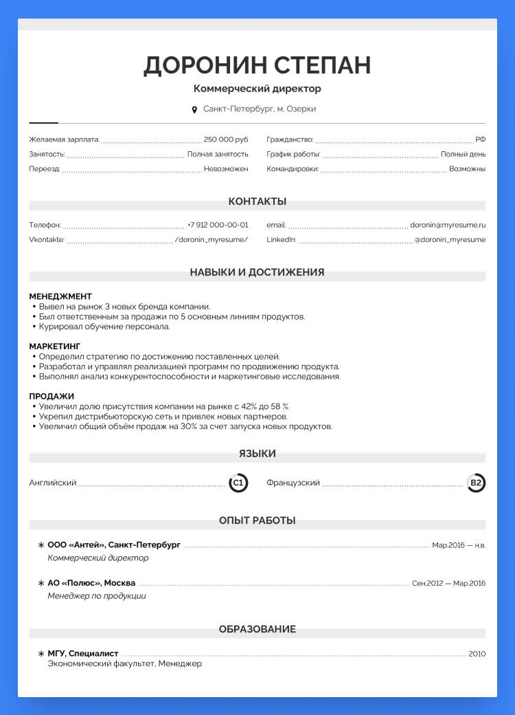 бланк резюме без фото
