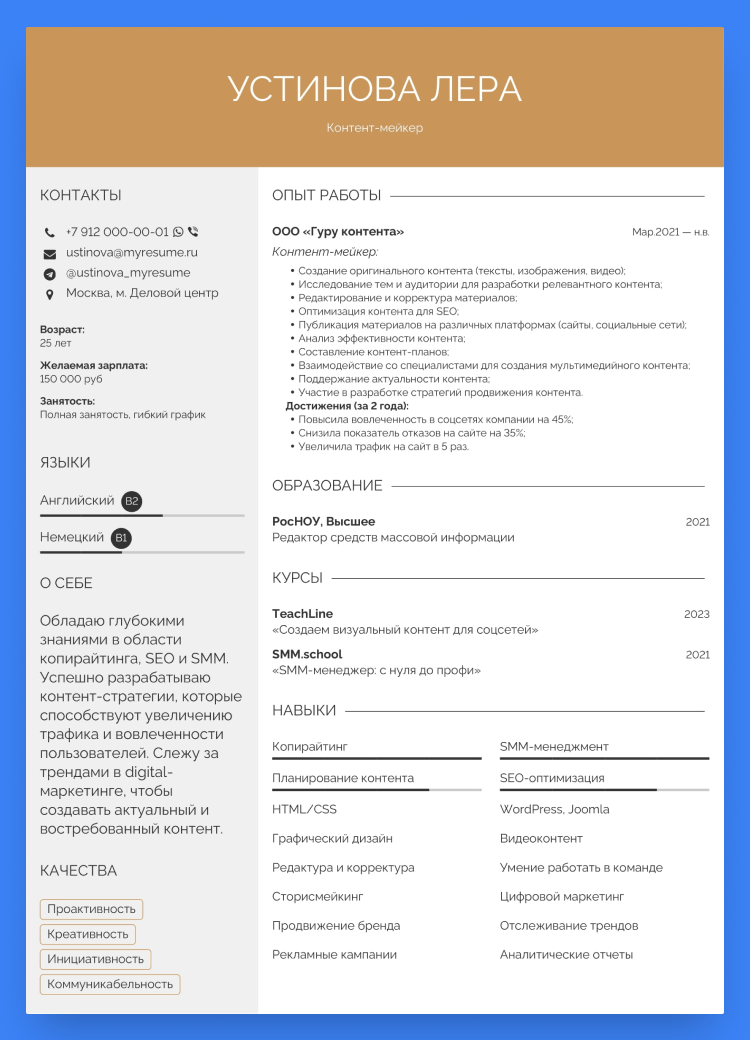 шаблон резюме без фотографии