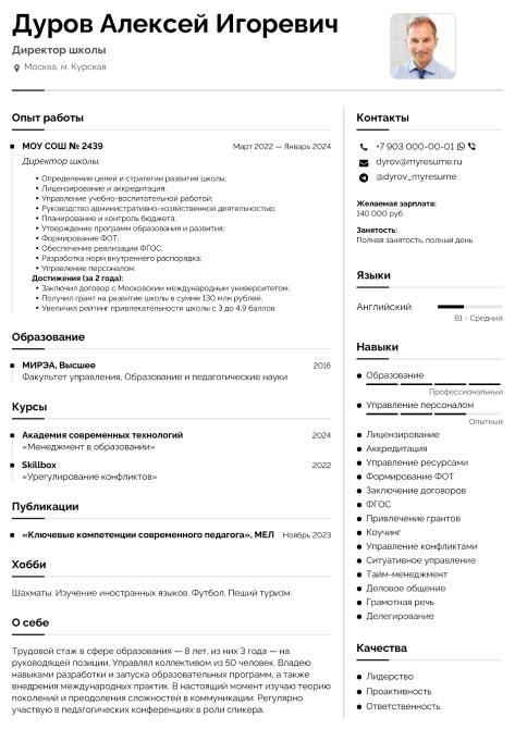 резюме директора школы образец