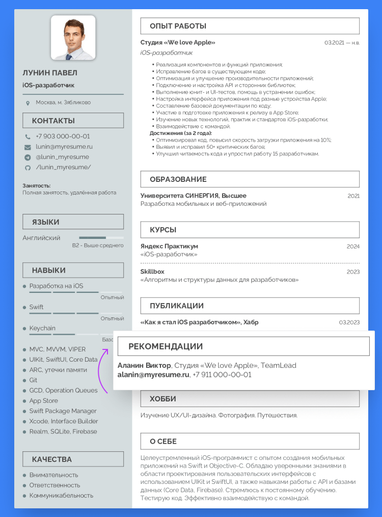 что должно быть в резюме пример