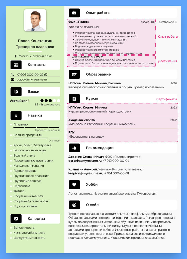 резюме тренера по плаванию пример
