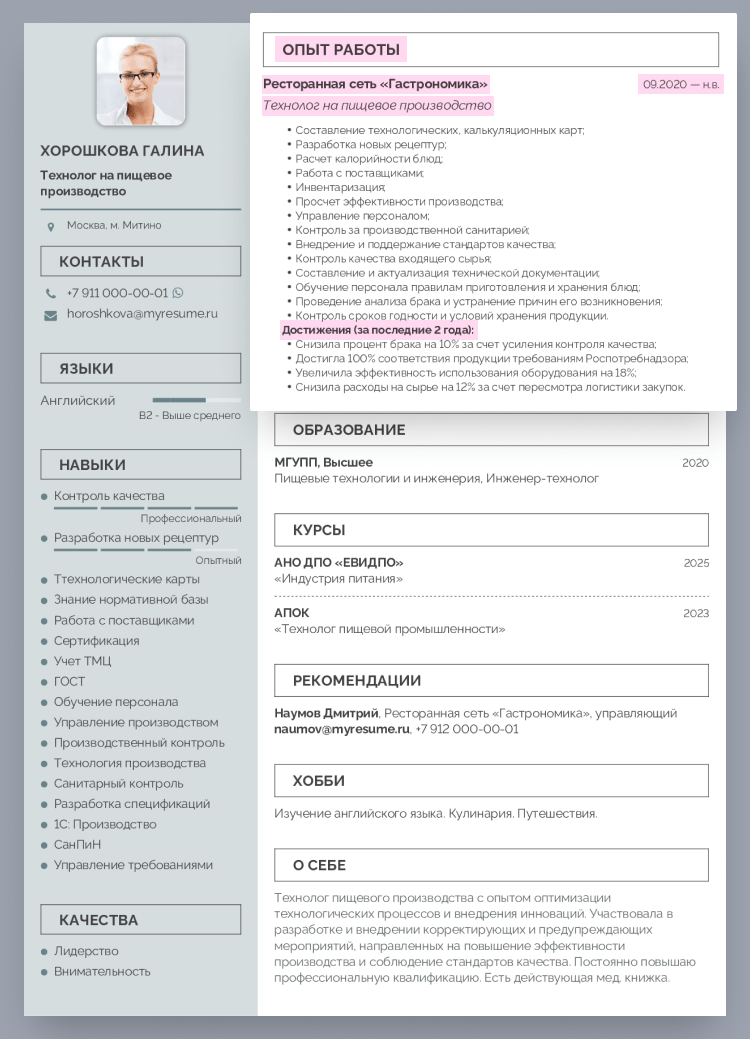 резюме на пищевое производство образец