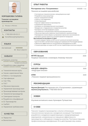 Образец резюме технолога пищевого производства