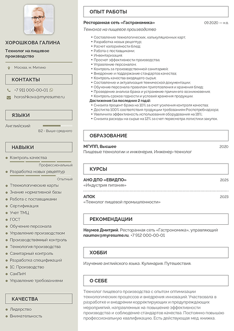 образец резюме технолога пищевого производства