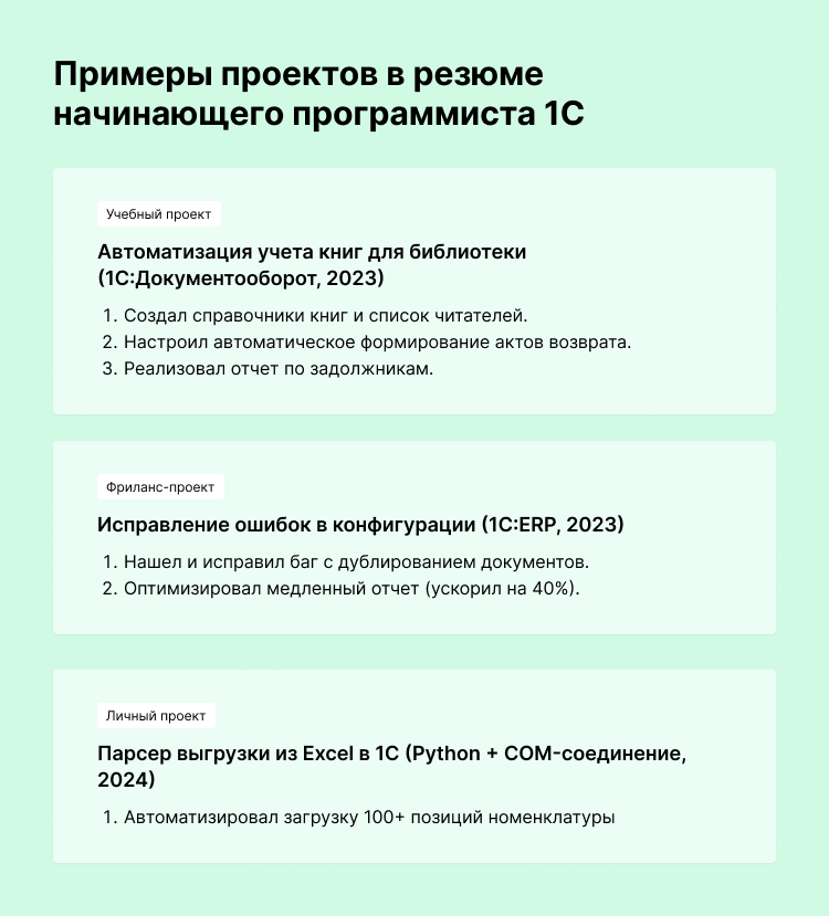 резюме начинающего программиста 1с