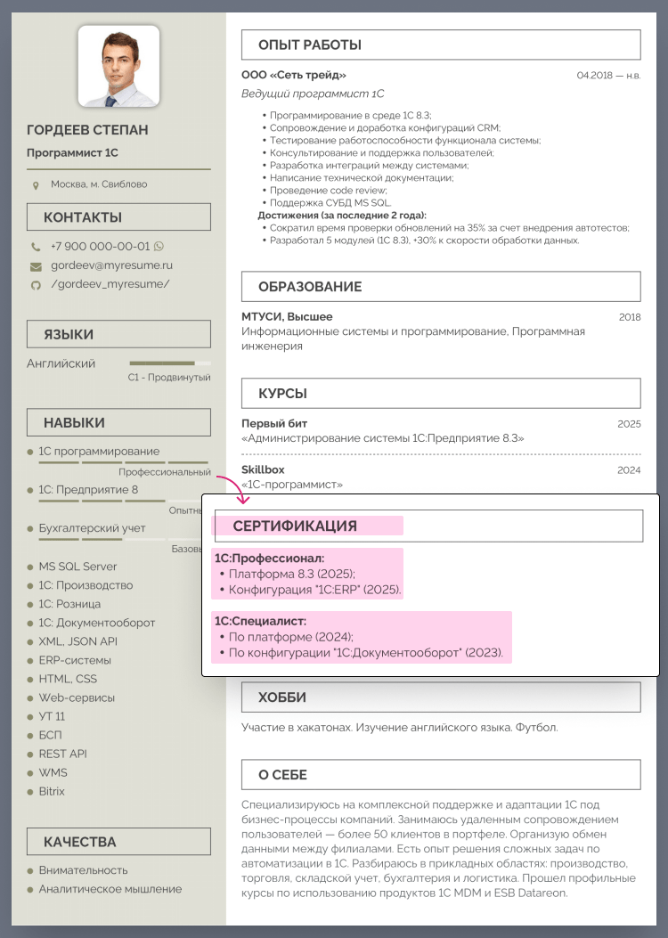 резюме разработчика 1с