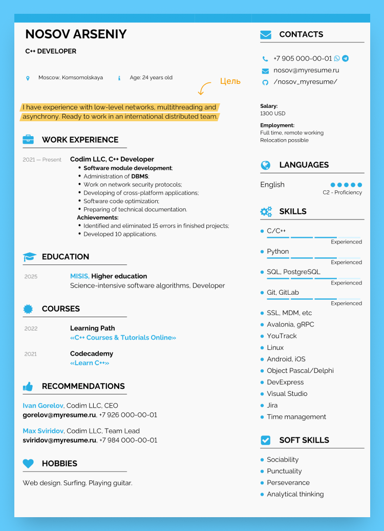 резюме для американского работодателя пример