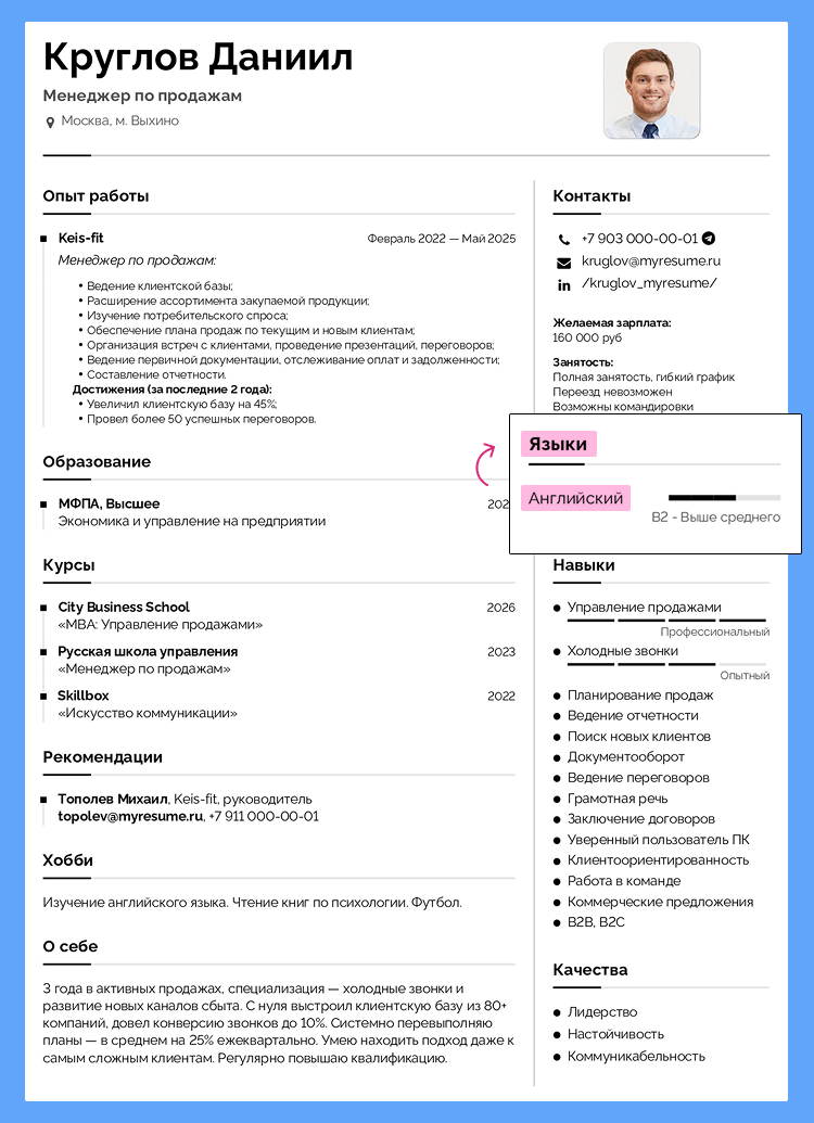 пример резюме менеджера