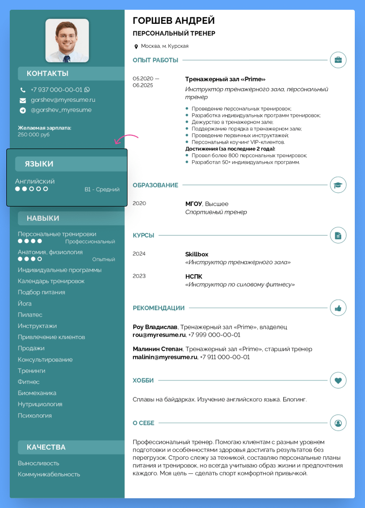 пример резюме тренера тренажерного зала