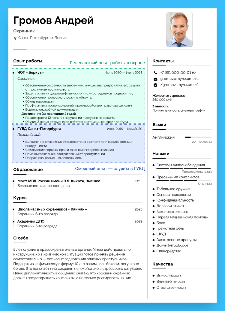 резюме на работу охранника образец