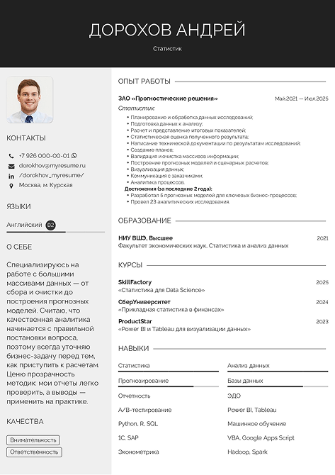 резюме статистика пример