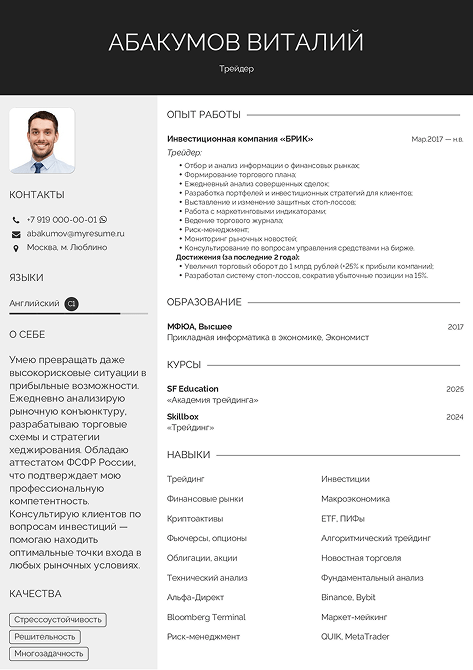 резюме трейдера образец