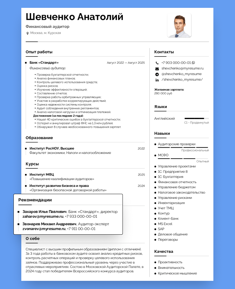 пример резюме финансового аудитора