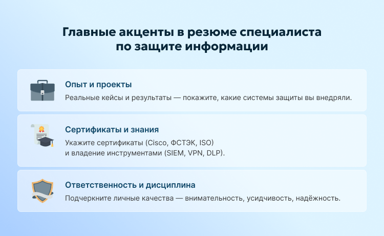 Главные акценты в резюме специалиста по защите информации