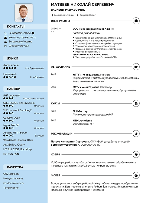 резюме backend-разработчика образец