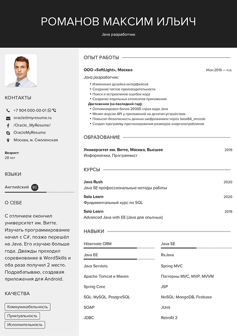 резюме Java разработчика образец