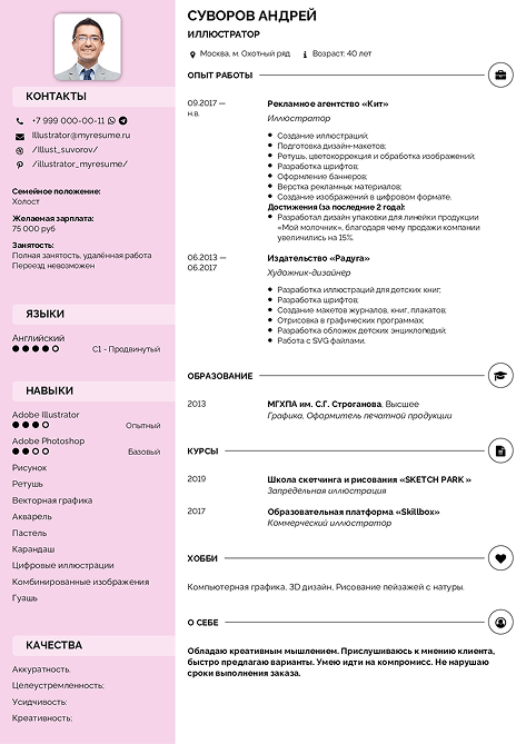 резюме иллюстратора образец