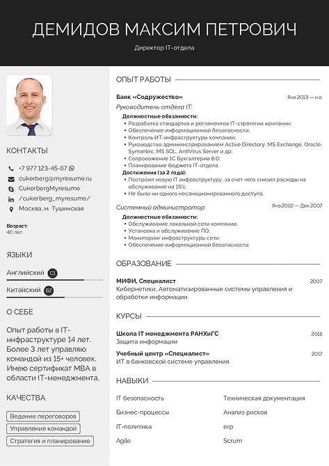 резюме руководителя ит отдела пример