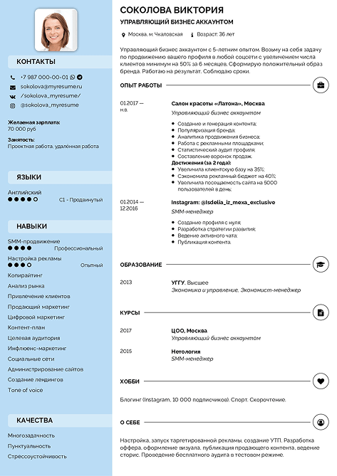 резюме управляющего бизнес аккаунтом пример