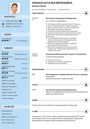 резюме библиотекарь