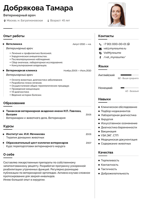резюме ветеринарного врача образец