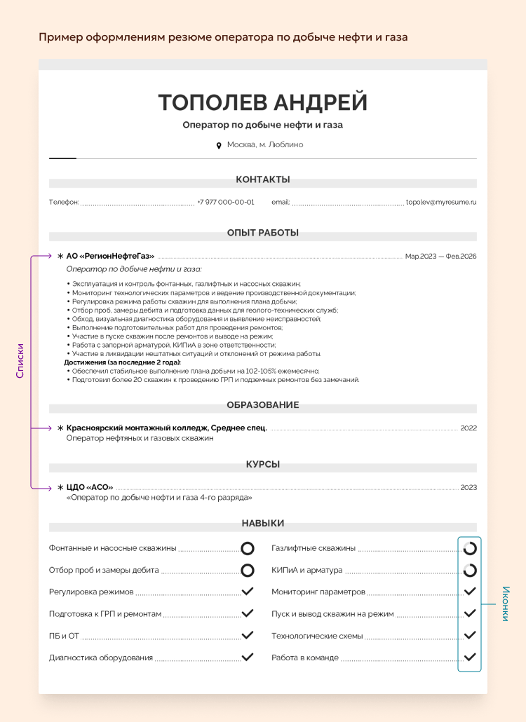 пример резюме оператора по добыче нефти и газа