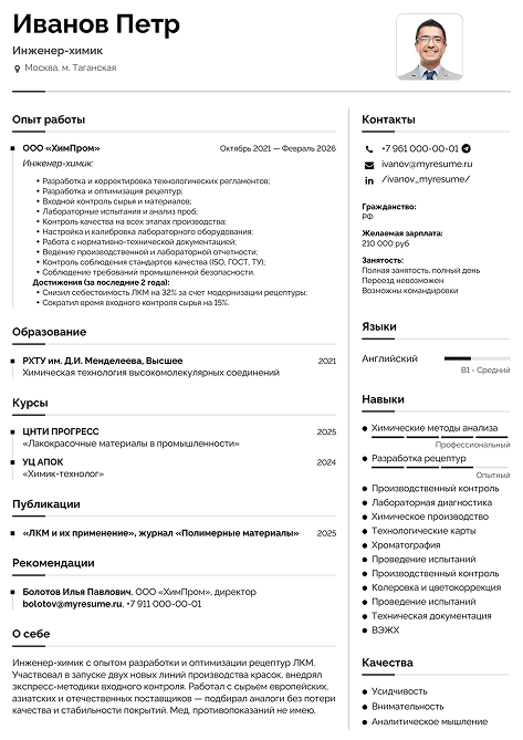 резюме инженера химика образец